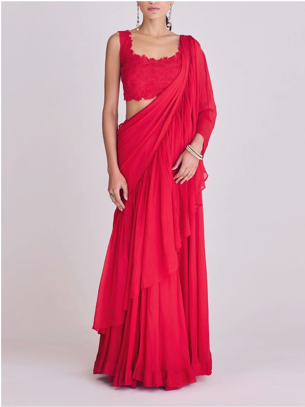 Red Draped Women’s Saree Set